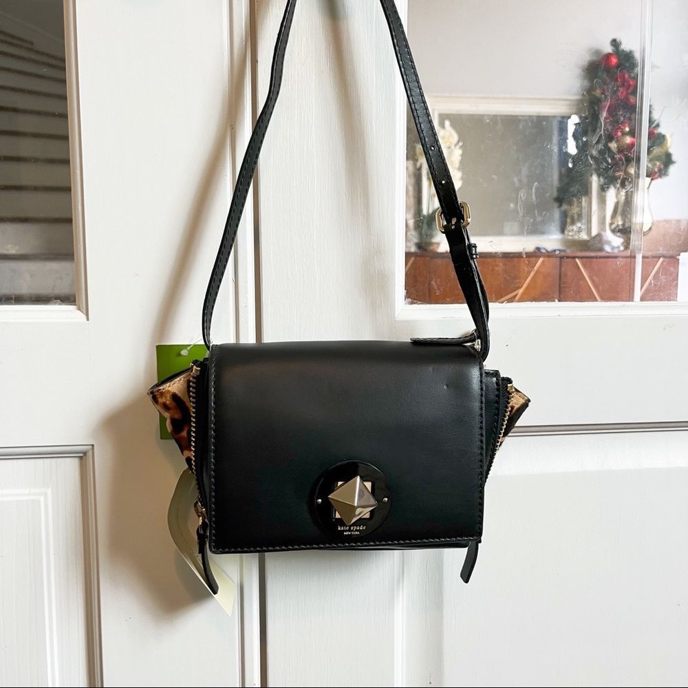 NWT Kate Spade Varick Haircalf Zaria Wkru3578 Black/Leoprd Leather CrossBody